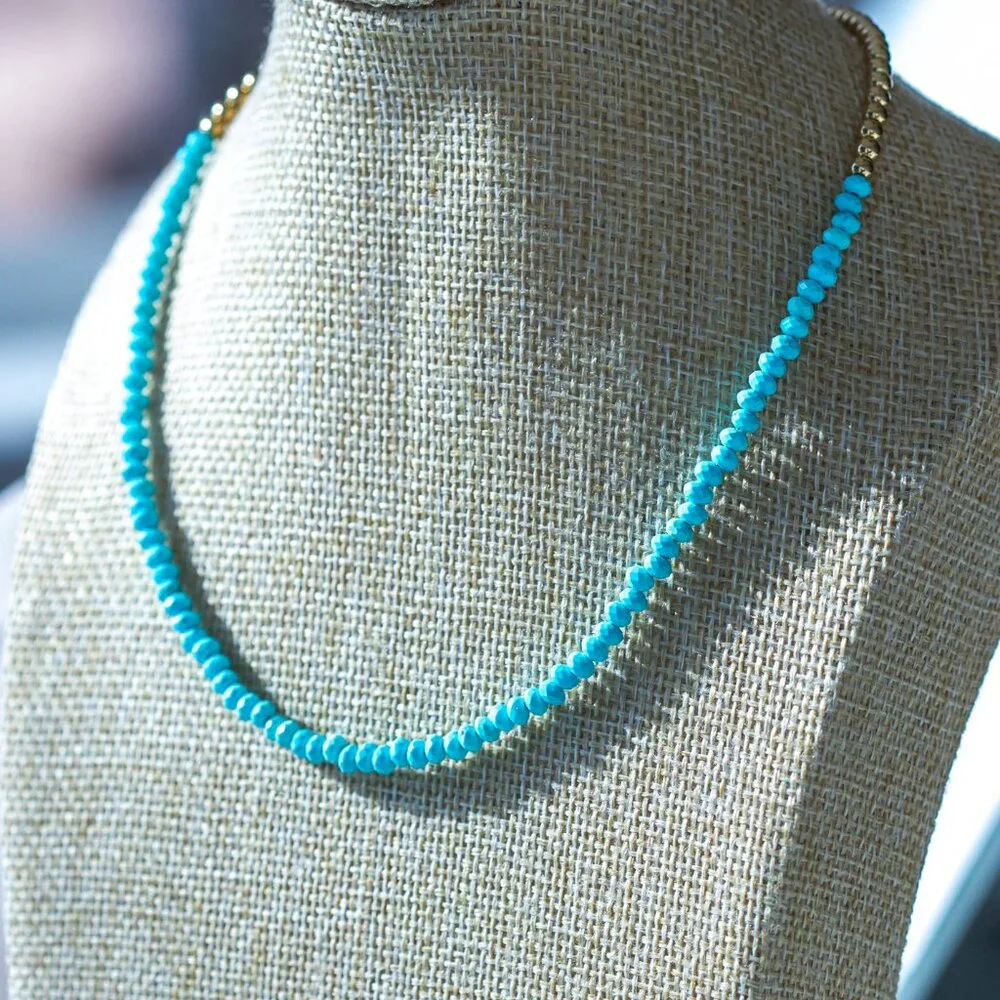 STUNNING Turquoise Beaded Necklace Waterproof Gold Beads & Chain Summer Necklace
